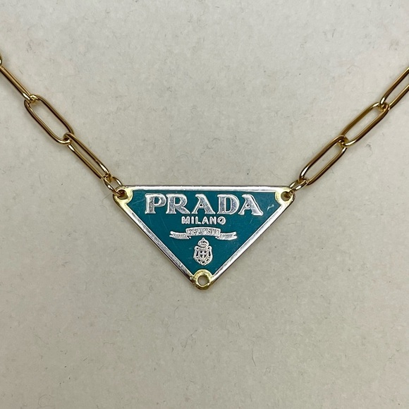 Upcycled Gold & Turquoise Triangle Logo Paper Clip Chain Necklace - Picture 2 of 3